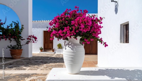 Vibrant pink bougainvillea bursting from a white vase, set against bright white architecture and a blue sky. Stone paving is under the vase