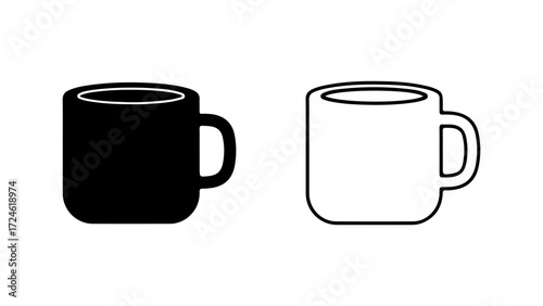 Two Coffee Mugs Black Filled and White Outline Illustration.