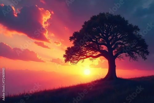 A solitary, ancient tree stands silhouetted against a vibrant sunset, its branches reaching towards a mystical sky, evoking a sense of timeless legend and forgotten lore , ancient, shadow