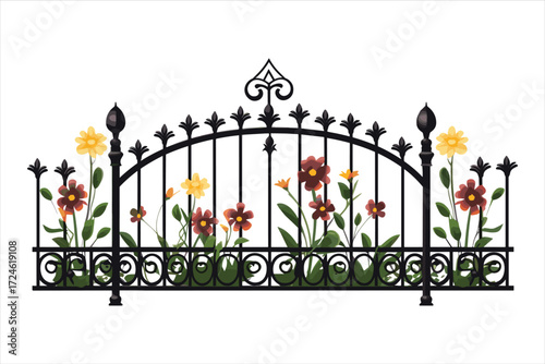 wrought iron fence with flowers, fence, vector, illustration, flower, nature, design, spring, barcode, business, garden, symbol, bar, grass, graph, silhouette, sky, art, flowers, concept, sign, tree, 