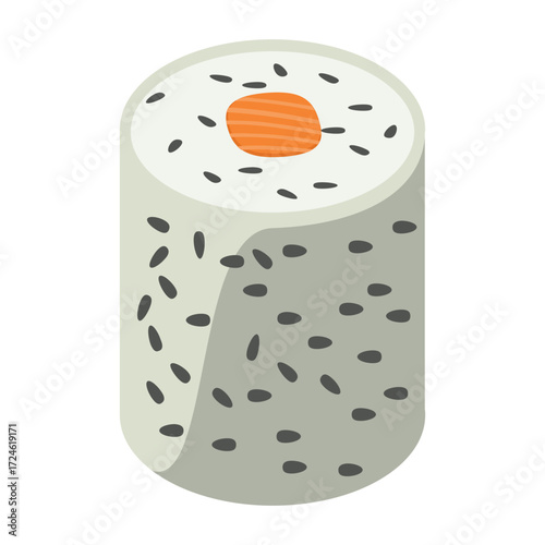 Close-up view of a sushi roll featuring salmon, rice, and sesame seeds, ideal for culinary use
