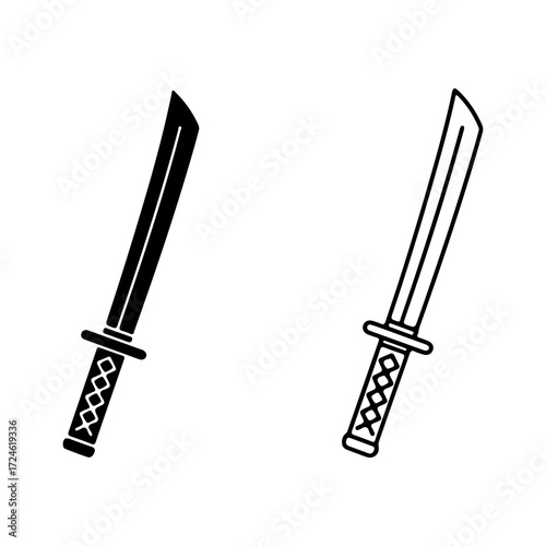 Two detailed katana swords side by side with black and white design.