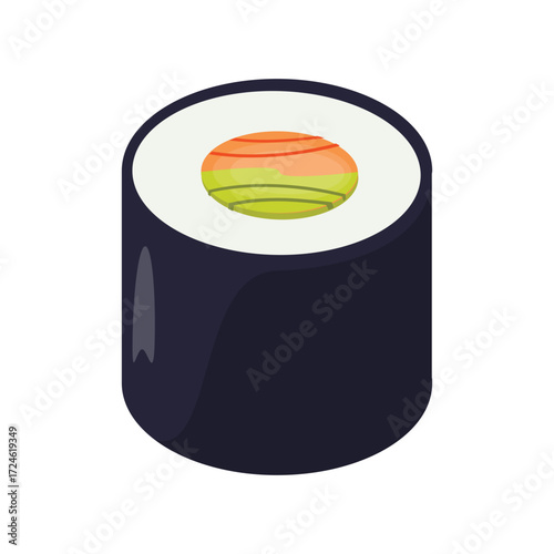 Colorful sushi roll with vibrant toppings placed on a minimalist plate against a simple background