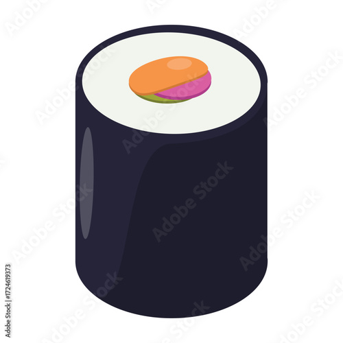 Colorful sushi roll with vibrant toppings placed on a minimalist white plate, set against a dark background
