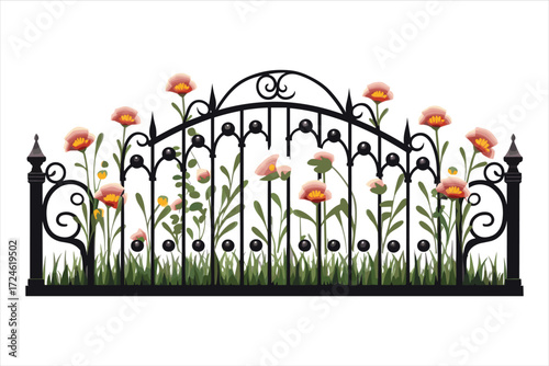wrought iron fence with flowers, fence, vector, illustration, flower, nature, design, spring, barcode, business, garden, symbol, bar, grass, graph, silhouette, sky, art, flowers, concept, sign, tree, 