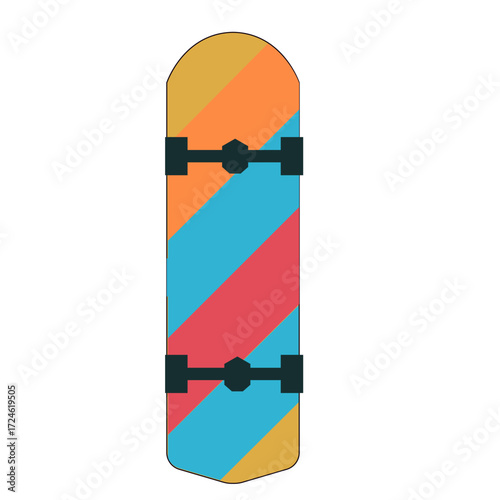 Colorful snowboard design featuring vibrant stripes and a unique binding setup on a plain background