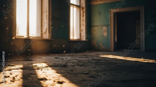 Sunlight streams into abandoned room with dusty floor through window, creating atmospheric interior.  Light, window, dust, room, interior, abandoned, sunlight