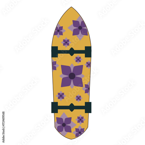 Colorful surfboard with floral patterns against a plain background, ideal for summer sports