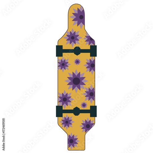 Colorful patterned fabric featuring purple flowers on a yellow background, ideal for design