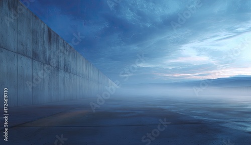 Misty concrete expanse under a dramatic sky