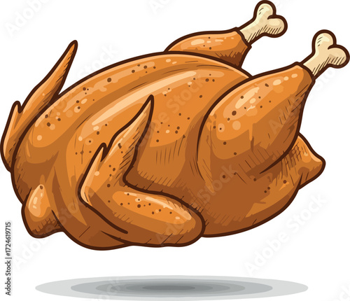 Roasted chicken illustration with golden brown skin and cooked legs.