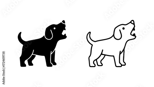 Two dogs barking black and white illustrations side view focused on canine expressions.