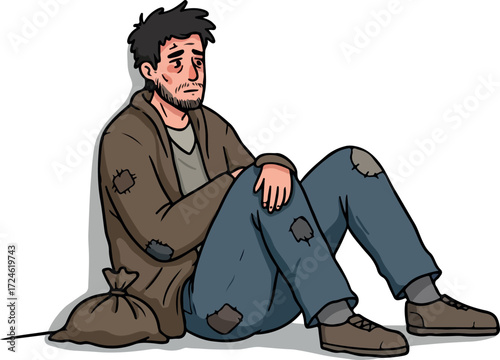 Sad homeless man sitting on the ground with a bag looking forlorn and dejected.