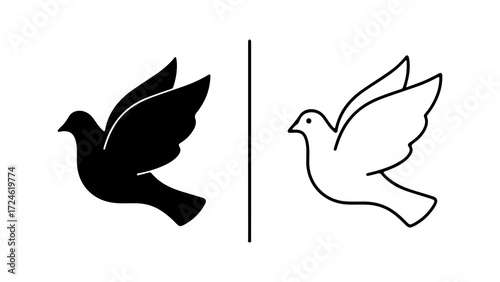 Two doves in flight one black silhouette one white line drawing focused on the birds themselves not the background.