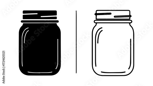 Two glass jars one solid black and one outlined with screwtop lids.