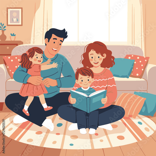 A heartwarming illustration of a happy family, including parents and two young children, enjoying a cozy moment reading a book together on the floor in their living room.