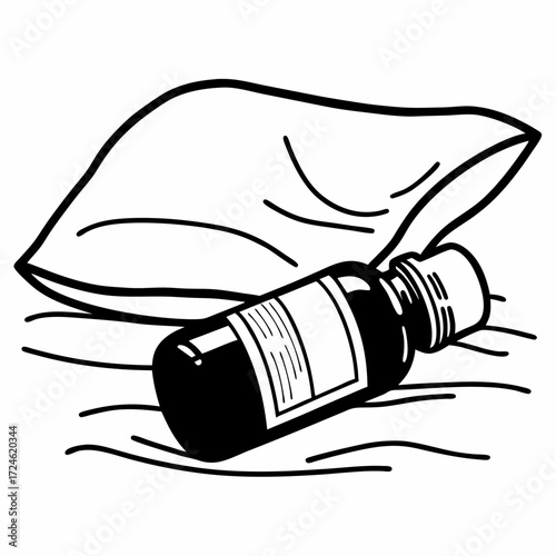 Melatonin bottle lying on bed sheets next to a pillow  