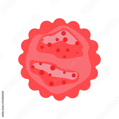 Abstract illustration of a vibrant red cellular structure with internal organelles visible