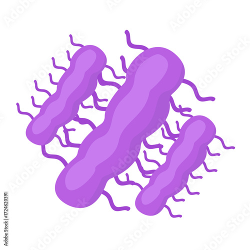 Illustration of purple bacteria with wavy appendages against a white background