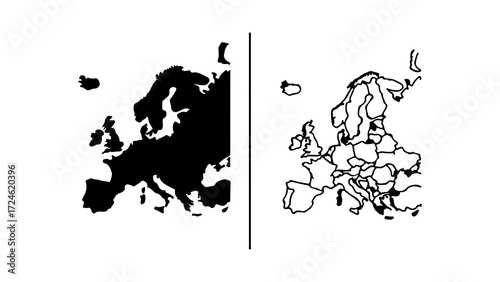 Two Graphic Illustrations of Europe Map Silhouette and Outline with Country Borders.