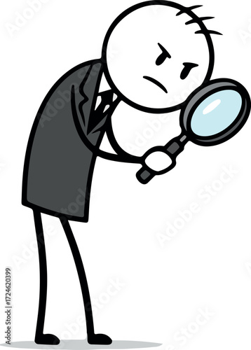 Serious stick figure in suit examining with magnifying glass for investigation.