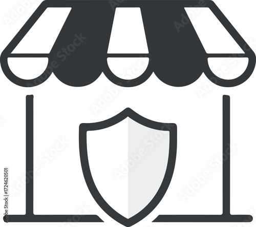 Shop security concept with shield protection and business safety.