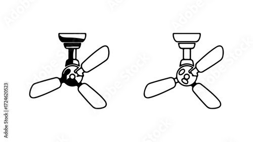 Two handdrawn ceiling fans with three blades simple line art.