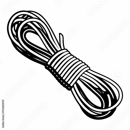 Paracord rope coiled and tied in black and white illustration  