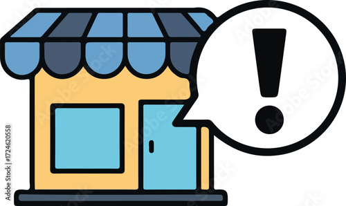 Shop with exclamation mark indicating a problem or issue needing attention.