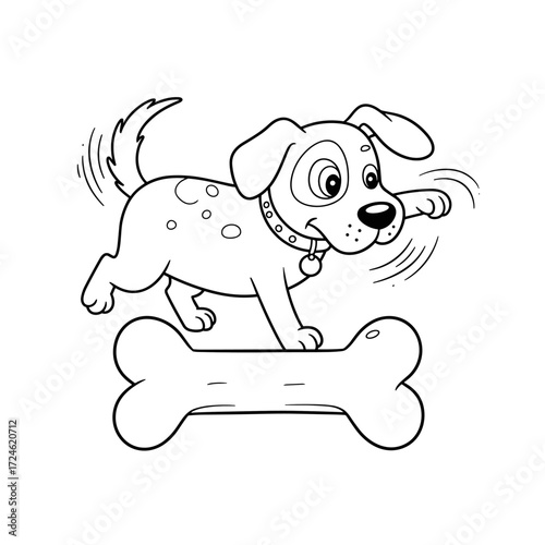 A playful cartoon dog with a wagging tail and raised paw stands beside a big bone, smiling with excitement.