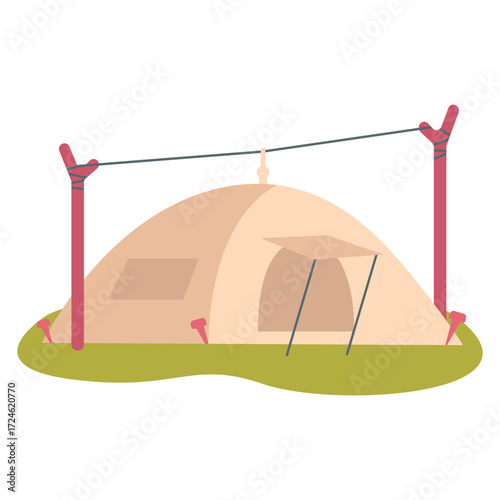 A cozy camping scene featuring a tent pitched in nature, with vibrant greenery surrounding it