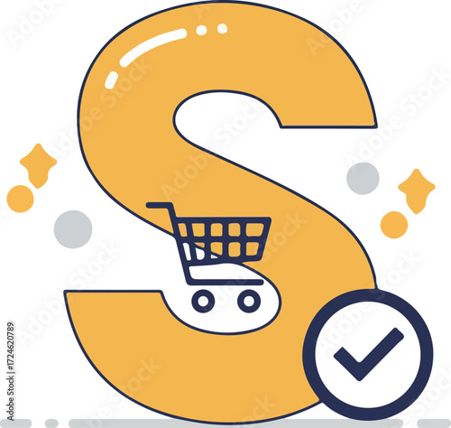 Shopping cart checkmark inside letter S logo design concept.