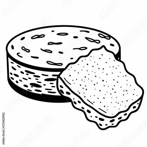 Round sponge cheese block with a slice shown from the side  