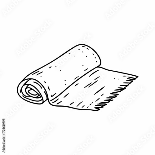 Rolled sticky towel with fringed edges in simple line art style  
