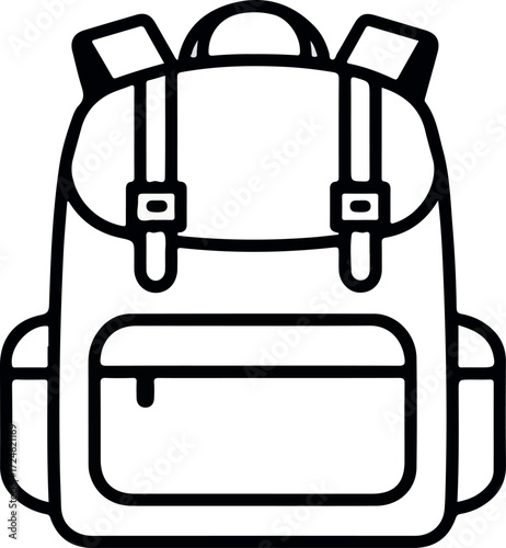Simple backpack illustration with straps and pockets for outdoor adventures and travel.
