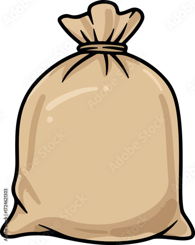 Simple beige sack tied at the top filled with unknown contents ready for use.
