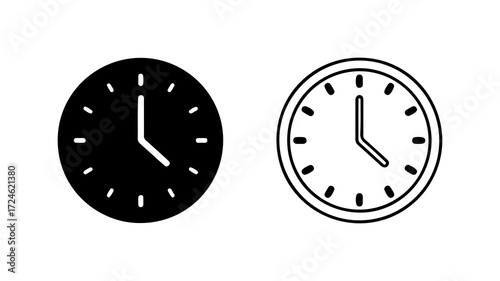 Two minimalist clock icons one solid black and one outlined displaying time.