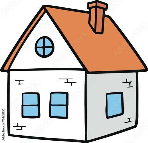 Simple cartoon house with orange roof and chimney blue windows.