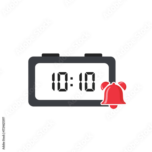 A digital alarm clock displays the time 10:10 with a bright red ringing bell icon indicating an alert.