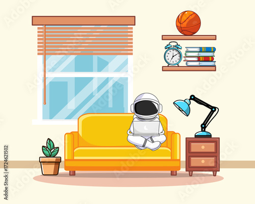 Cute Astronaut Working From Home in the Cozy Living Room With Laptop Vector Illustration Cartoon Design