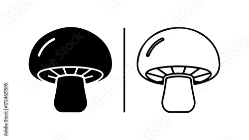 Two mushroom illustrations side by side one black and one white simple design.