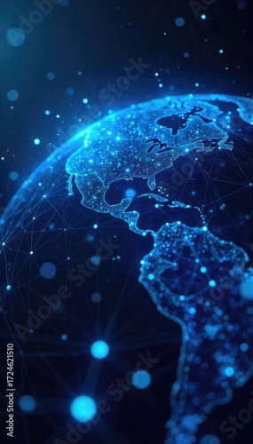 A vibrant aerial shot of a vast, interconnected global network depicted with glowing blue lines on a dark background, symbolizing international communication and connectivity , nodes, global