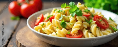 A vibrant and colorful pasta salad brimming with fresh vegetables and tossed in a creamy dressing, perfect for a summer picnic or potluck , tasty, vibrant, lemon