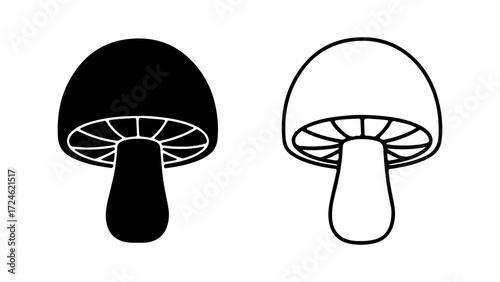 Two mushroom illustrations one black and one white focused on the mushroom shapes and details.