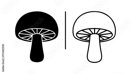 Two mushroom illustrations one black silhouette one white outline showcasing mushroom cap and stem details.