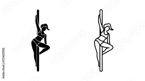 Two pole dancers in silhouette showcasing pole dance moves.