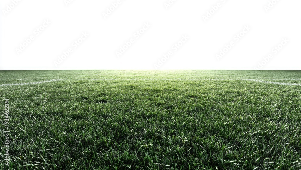 Obraz premium Wide shot of a perfectly manicured grassy field. Bright light illuminates the center of the field, stretching towards the horizon. White lines delineate the playing area