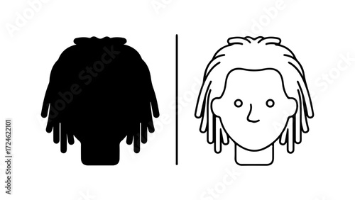 Two representations of dreadlocks one in silhouette the other a line drawing both focused on the hairstyle highlighting the texture and form of the dreadlocks.