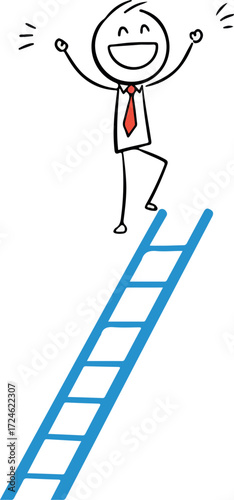 Stick figure celebrates success after climbing ladder.