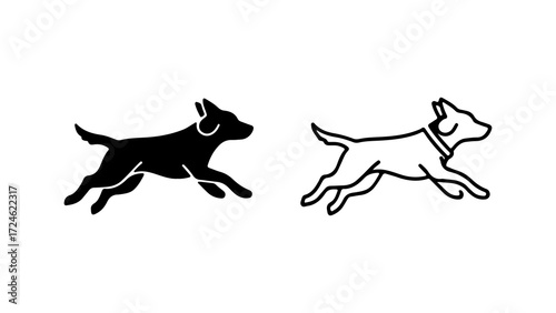Two running dog silhouettes one solid black and one outline on a white background.